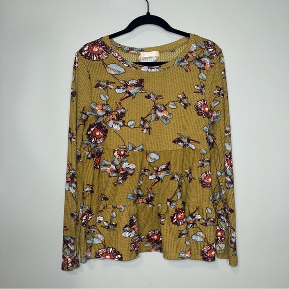 Altar'd State Tops - Altard State Womens Large Floral Waffle Knit Tiered Babydoll Thermal Top Mustard